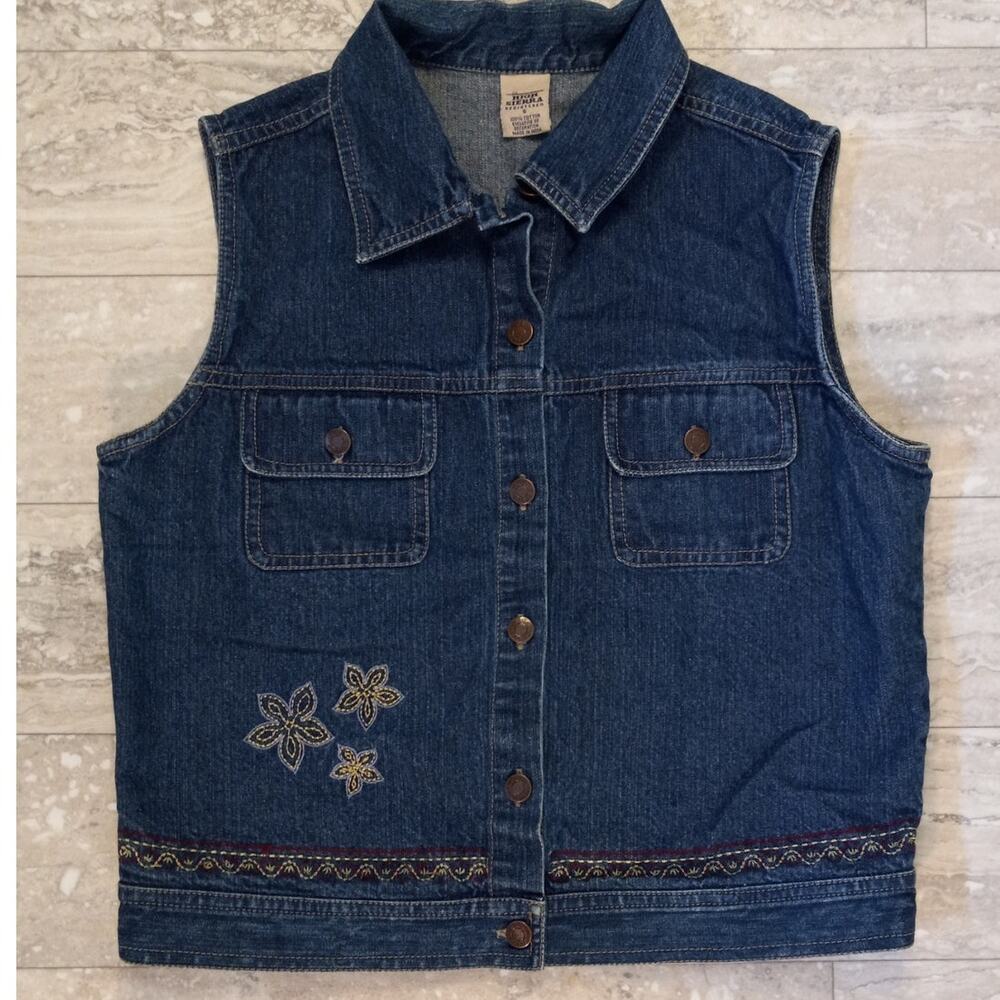High Sierra dark wash denim y2k floral embroidered western button vest SIZE‎ S